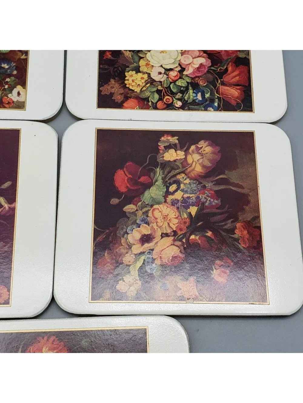 Vintage Paper Backed Coasters Antique Floral Arrangements Set of 5